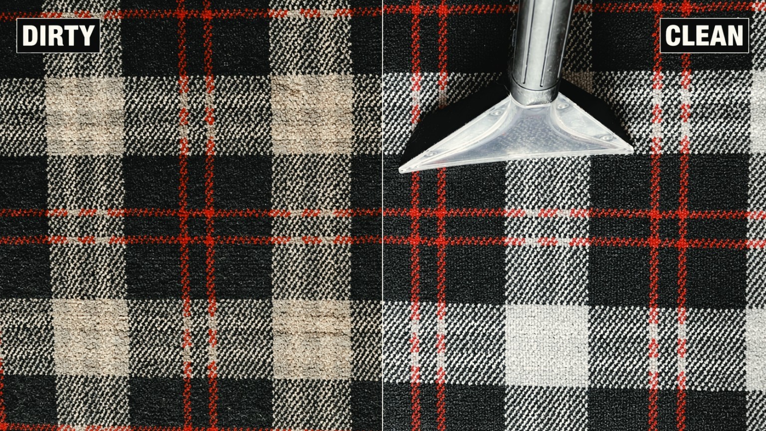 Tartan carpet shown dirty and clean during professional extraction cleaning